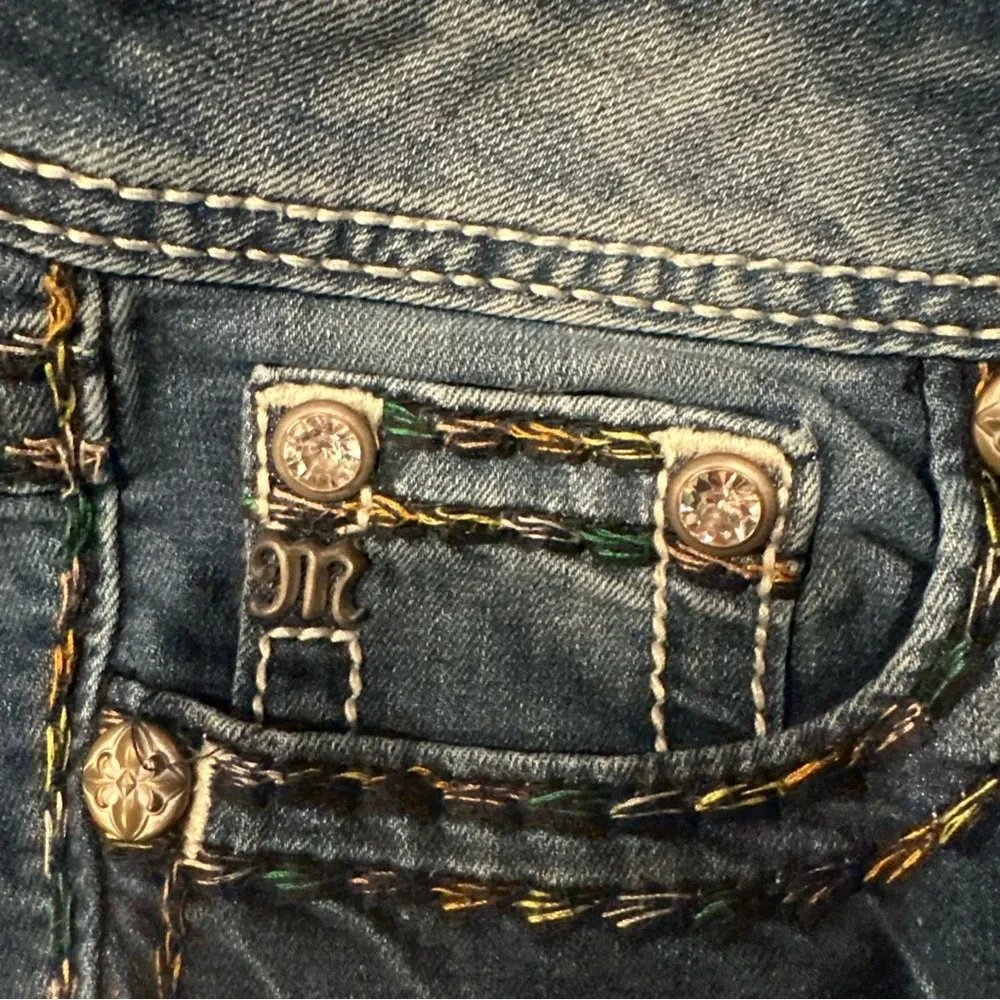 Miss Me Women Cut Off Shorts sz 27 Blue Denim Bling Distressed used to be long